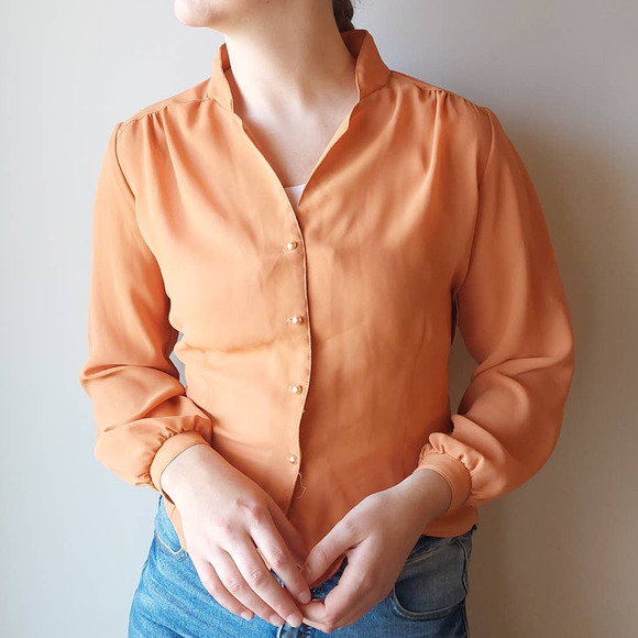 Vintage 50s/60s Orange Sheer Pearl Button-Up Pleated Shirt - Picture 3 of 16